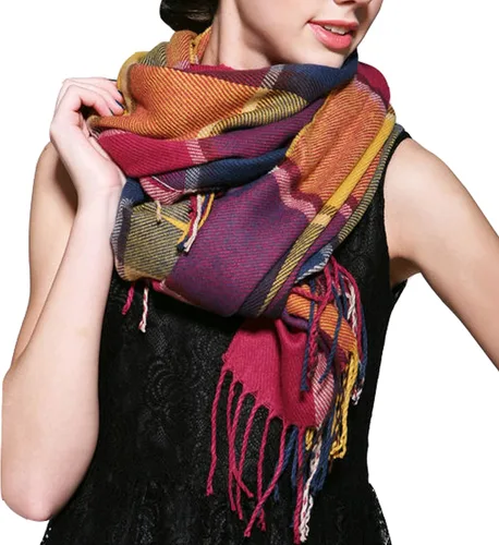 Vista 21 de Wander Agio Chal Largo de Moda para Mujer con Cuadrícula Grande, Bufanda Grande Cálida de Rejilla para Invierno Beige