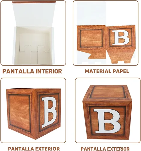 Vista 5 de Cajas de baby shower para decoración de fiesta, 4 bloques de madera de grano marrón con letras de bebé, letras impresas, decoración de centro