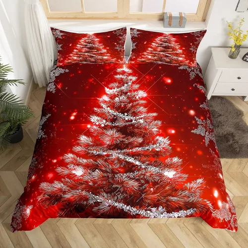 Vista 15 de Juego de ropa de cama de Feliz Navidad, funda de edredón azul con árbol de Navidad para niñas y niños, elegante funda de edredón de copo de nieve