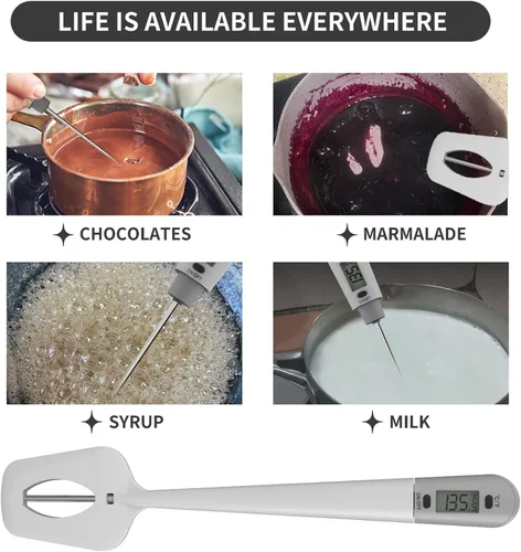 Vista 4 de Espátula de termómetro de caramelo con clip de olla termómetro digital para chocolate, cremas, salsas, mermeladas y jarabes, cocinar carne (blanco)