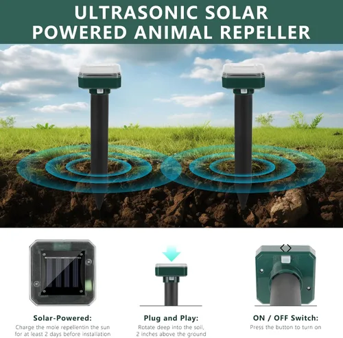 Vista 6 de Repelente de topos alimentado por energía solar, paquete de 8 unidades, impermeable, disuasorio ultrasónico, repelente de ratones para exteriores