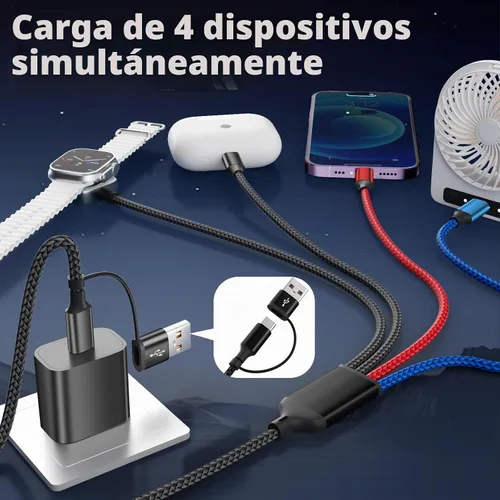 Vista 4 de Cruise Essentials Cable de Carga 4 en 2 para Cargador Apple iWatch/iPhone 17/Lightning/Micro, Cable Cord de Carga Múltiple de Viaje Compatible