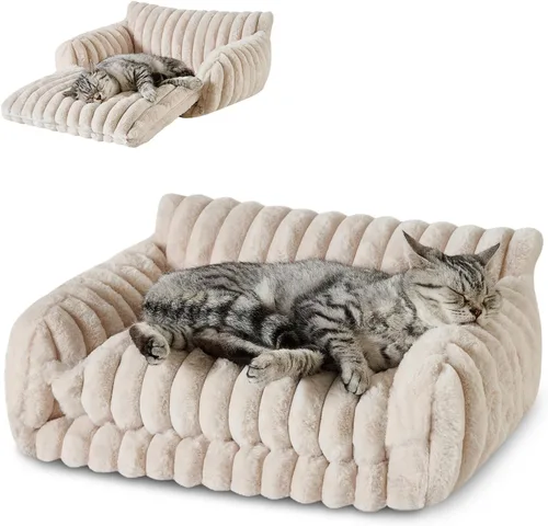 Vista 30 de Hollypet Cama para gatos, mullida, multifuncional, de doble capa, suave para mascotas, sofá ortopédico para gatos y perros pequeños, color beige