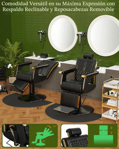 Vista 4 de Silla reclinable de barbero Baasha negra con ribete dorado en los reposabrazos, cómodo cojín de espuma viscoelástica, reposacabezas ajustable, base
