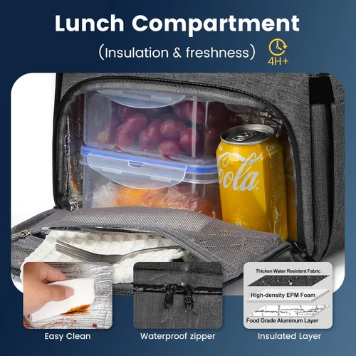 Vista 4 de Mochila de almuerzo, mochila con aislamiento térmico para hombres y mujeres, mochila para portátil con protección RFID y puerto USB, Negro, 15,6