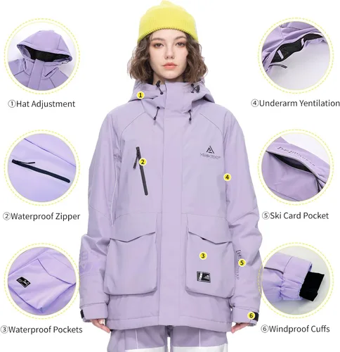 Vista 3 de HIGH EXPERIENCE Chaqueta de esquí para snowboard, nieve, invierno, impermeable, aislada, resistente al viento, chaqueta cálida con capucha