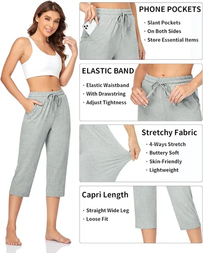 Vista 4 de TARSE Pantalones capri de yoga para mujer, sueltos, suaves, con cordón, pantalones de entrenamiento casuales con bolsillos
