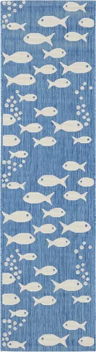 Vista 3 de SAFAVIEH Alfombra lavable para exteriores, colección Patio de 2.3 x 12 pies, color azul y beige, no desprende pelusa y fácil de limpiar, ideal