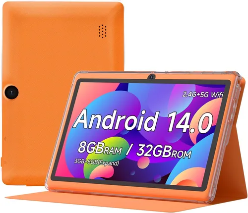 Vista 8 de Andriod Tablet de 7 pulgadas con funda protectora, RAM 8 GB (3 GB+5 GB expandir) ROM 32 GB 1TB Expand, IPS 1024 * 600 Bluetooth, 2.4G+5G WiFi, GMS