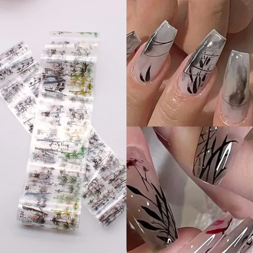Vista 3 de 10 rollos de calcomanías de transferencia de flores, hojas de lámina de uñas con patrón de pintura de tinta de bambú para decoraciones y suministros