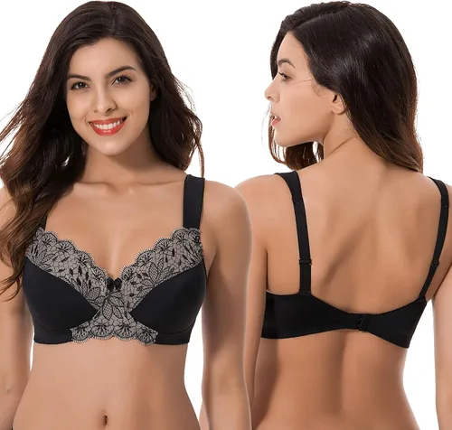 Vista 3 de Curve Muse Plus Size Unlined Minimizer Wirefree Bras with Embroidery Lace-3Pack