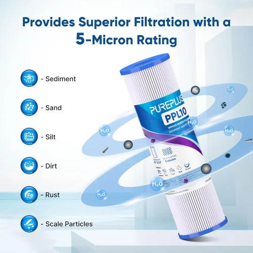 Vista 5 de PUREPLUS Filtro de sedimento plisado para toda la casa de 5 micras de 10 x 2.5 pulgadas para agua de pozo, cartucho de repuesto para sistema