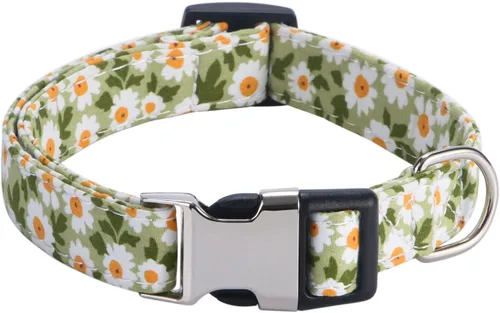 Vista 6 de Collares para perras hembras, diseño de rosa, girasol, margarita y leopardo en tamaño pequeño, mediano, grande para perras hembras, verde margarita