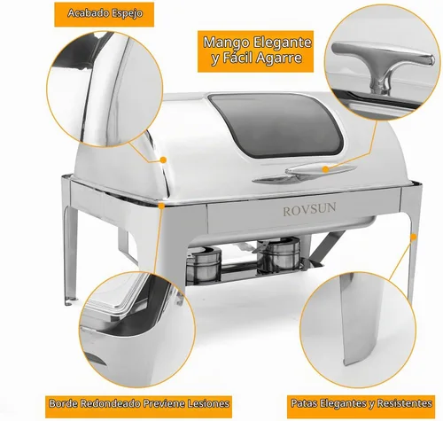 Vista 6 de ROVSUN - Juego de 3 platos de bufé con tapa enrollable, 9 cuartos de galón de acero inoxidable rectangular para catering, servidores de bufé
