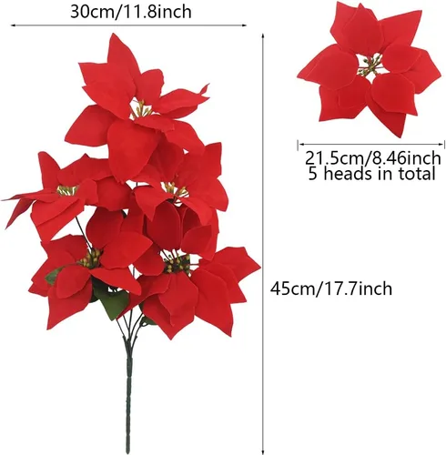 Vista 7 de Ferial 2 flores artificiales de Navidad – Ramo de flor de Pascua de seda de 5 cabezas – Flores falsas para fiesta de Navidad, decoración de boda 2