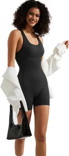Vista 5 de RXRXCOCO Overol sexy de yoga sin mangas para mujer, overol corto de una pieza, cuello redondo profundo, espalda descubierta, bodycon