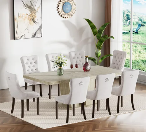 Vista 21 de Henf Juego de mesa de comedor extensible de 5 piezas para 4, 63"-79" Mesa de cocina grande extensible con 4 sillas negras acolchadas, Juego de mesa