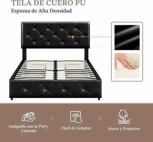 Vista 5 de Yaheetech - Marco de cama tapizado completo con cajones de almacenamiento, color negro PU leather & metal frame with wood slats give sturdy