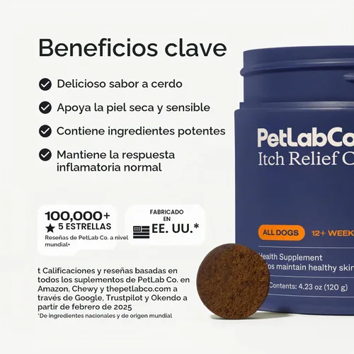 Vista 3 de PetLab Co. - Masticables para aliviar la picazón para perros, 30 masticables suaves, cerdo Omega 3-6-9, cúrcuma y miel para apoyar la piel seca