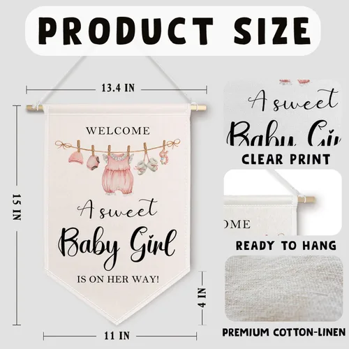 Vista 6 de ChissNook Lienzo decorativo de bienvenida para baby shower, color rosa con texto en inglés "A Sweet Baby Girl Is on Her Way", arte de pared colgante