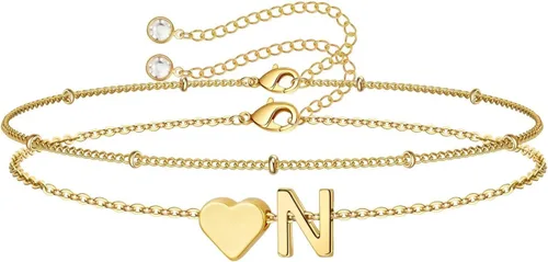 Vista 9 de M MOOHAM Pulseras de oro con inicial de corazón para mujer, pulseras con dije de letra A-Z de corazón dorado en capas para mujer, pulseras