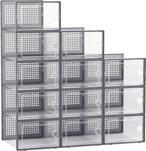 Vista 9 de Kuject Cajas grandes de almacenamiento de organizadores de zapatos para armario, paquete de 12 contenedores apilables de plástico transparente