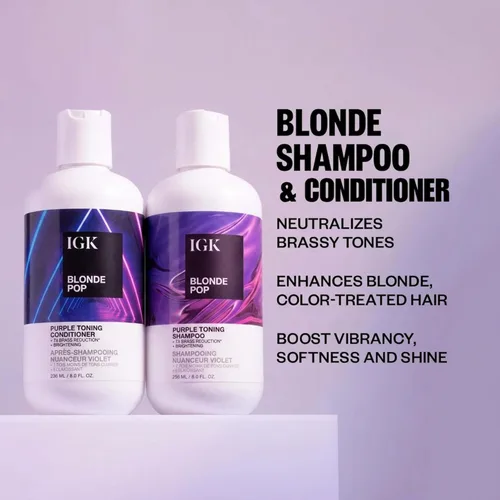 Vista 3 de IGK BLONDE POP - Juego de champú y acondicionador tonificante morado Neutraliza el latón + ilumina el rubio Vegano + libre de crueldad 8 onzas