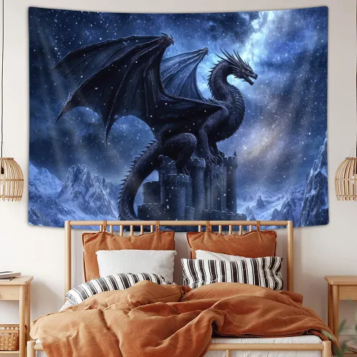 Vista 4 de JAWO Tapiz de dragón de fantasía, tapiz de galaxia azul castillo de animales geniales para colgar en la pared para niños y hombres, tapices, manta