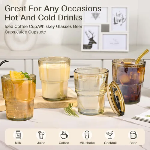 Vista 5 de Vaso reutilizable de 13 onzas para café helado con tapas, vaso transparente para agua, paquete de 2 vasos de vidrio con popote y tapa, vaso
