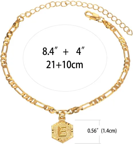 Vista 2 de Tobilleras con iniciales unisex, pulsera de eslabones cubanos chapadas en plata y oro de 18 quilates para mujeres y niñas, tobillera dorada