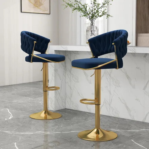 Vista 31 de Juego de 2 taburetes de bar giratorios de 360° con respaldo alto, silla de bar de terciopelo ajustable moderna de altura de mostrador, taburete