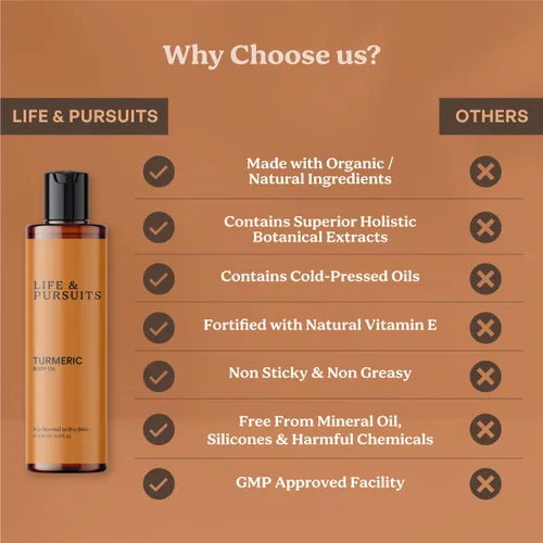 Vista 3 de Life & Pursuits Aceite corporal de cúrcuma para piel seca, 6.8 onzas líquidas, aceite corporal diario ligero con cúrcuma, escualano y vitamina E