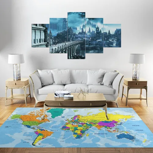 Vista 2 de Alfombra colorida con mapa del mundo para sala de estar o dormitorio, 4 x 5 pies