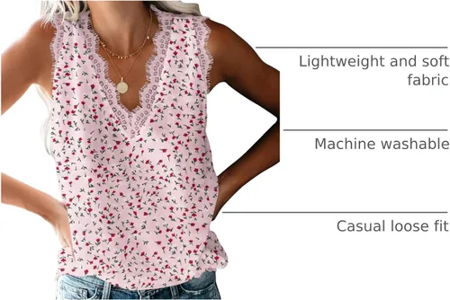 Vista 182 de VIISHOW - Camiseta sin mangas, sexy, con cuello en V y bordes de encaje para mujer, camisola de vestir, camisas de gasa, sin mangas, casuales