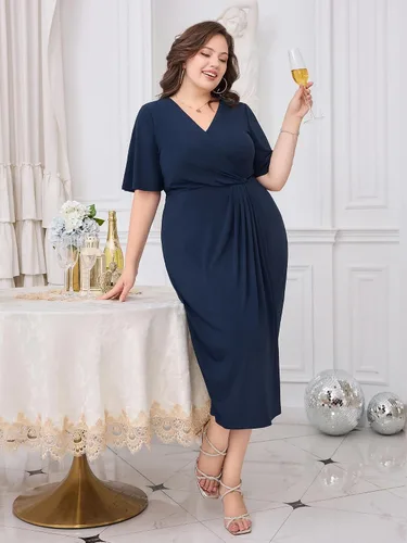 Vista 3 de Hanna Nikole Vestido midi de manga corta con cuello en V para mujer, talla grande, para invitadas de boda, cóctel, fiesta, eventos de negocios