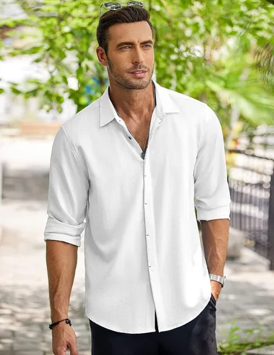 Vista 3 de COOFANDY Camisa casual de manga larga con botones para hombre, camisa de verano para playa, boda