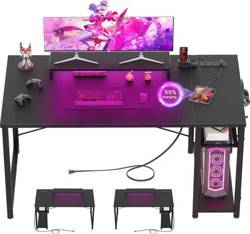Vista 10 de Armocity Escritorio para computadora con luces LED, escritorio de juegos con toma de corriente y USB, mesa reversible para laptop 40 con soporte