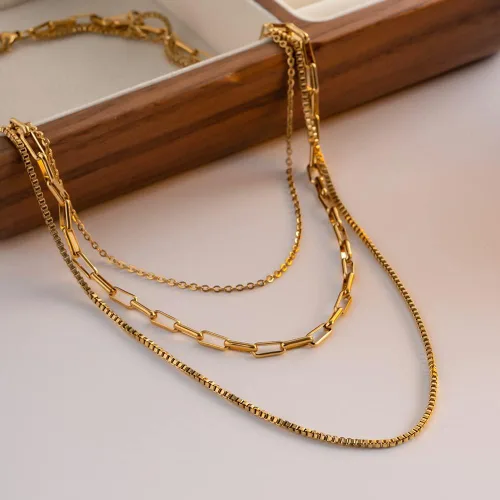 Vista 2 de Juego de collar de oro en capas para mujer, collar de espiga para mujer, delicado collar de cadena de serpiente plana en capas, gargantilla de oro