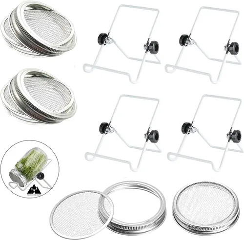 Vista 8 de Kit de tapas para germinar - 316 tapas de germinación de acero inoxidable para tarro Mason de boca ancha de 86 mm con soportes ajustables - Kit
