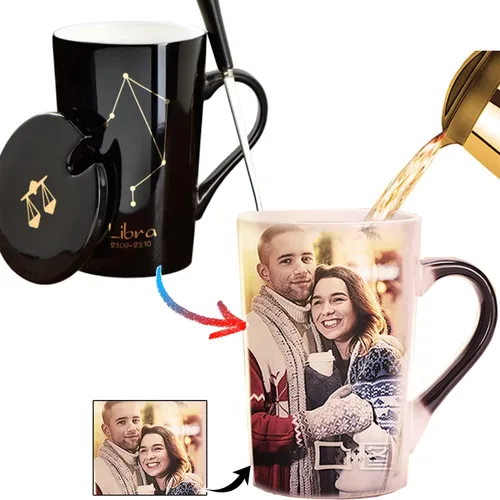 Vista 6 de Taza mágica de café con foto que cambia de color personalizada, 14 onzas, diseño de constelación personalizada, taza sensible al calor caliente