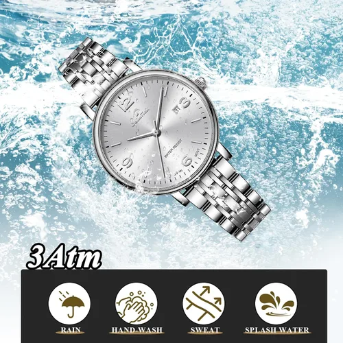 Vista 4 de Reloj de acero inoxidable dorado y plateado, movimiento japonés VJ12, resistente al agua 3ATM, esfera minimalista, vestido y reloj de pulsera casual