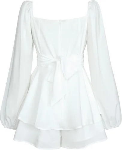 Vista 6 de Mameluco de manga abombada para mujer, vestido con volantes y hombros descubiertos con pantalones cortos de manga larga con capas fluidas de pirata