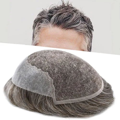 Vista 63 de Pieza de cabello para hombres suizo frente encaje frontal tupé europeo Remy sistema de reemplazo de cabello humano nudo blanqueado línea capilar