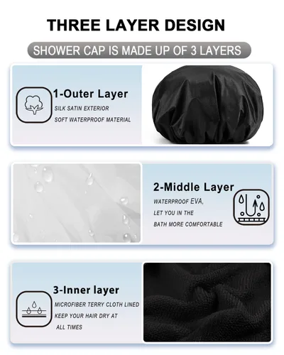 Vista 2 de YIZIJIZI Gorro de ducha con forro de rizo, gorro grande de tres capas para mujer, gorro de ducha reutilizable e impermeable, para cabello largo