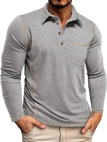 Vista 11 de Polo para hombre, manga larga, cuello clásico, algodón, botón básico, elegante, con bolsillo en el pecho