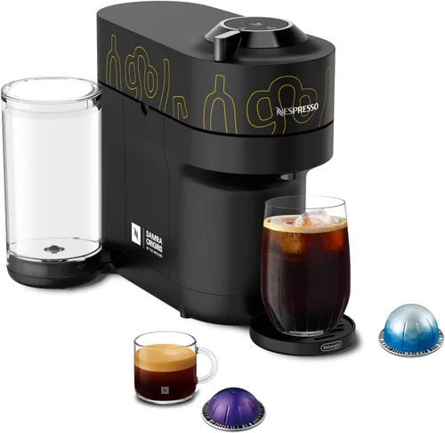 Vista 18 de Nespresso Vertuo Pop+ Cafetera para café y espresso de De'Longhi, Samra Origins de The Weeknd Vertuo Buna Amarillo con espumador de leche Aeroccino3