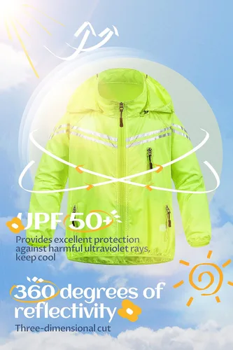 Vista 5 de CREATMO US Chaqueta de ciclismo reflectante para niños y niñas, rompevientos con capucha extraíble