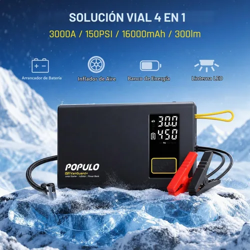 Vista 2 de POPULO Arrancador de coche con compresor de aire, caja de refuerzo portátil de 12 V 59.2 Wh con inflador digital de neumáticos de 150 PSI