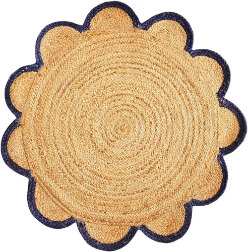 Vista 9 de Alfombra redonda natural de yute, alfombra de suelo con borde festoneado, trenzado, bohemio, ecológico, grande, circular hecha a mano, color negro