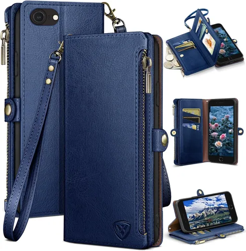 Vista 17 de XcaseBar Compatible con iPhone SE 3rd/7/8 Funda tipo cartera con cremallera y tarjetero de crédito [bloqueo RFID], funda de piel sintética con tapa